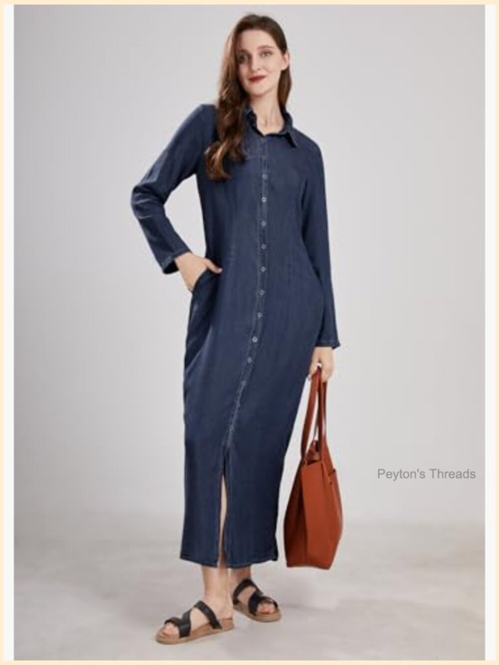 Womens Casual Button Down Denim Maxi Dress Long Sleeve with Pockets - Picture 5 of 7